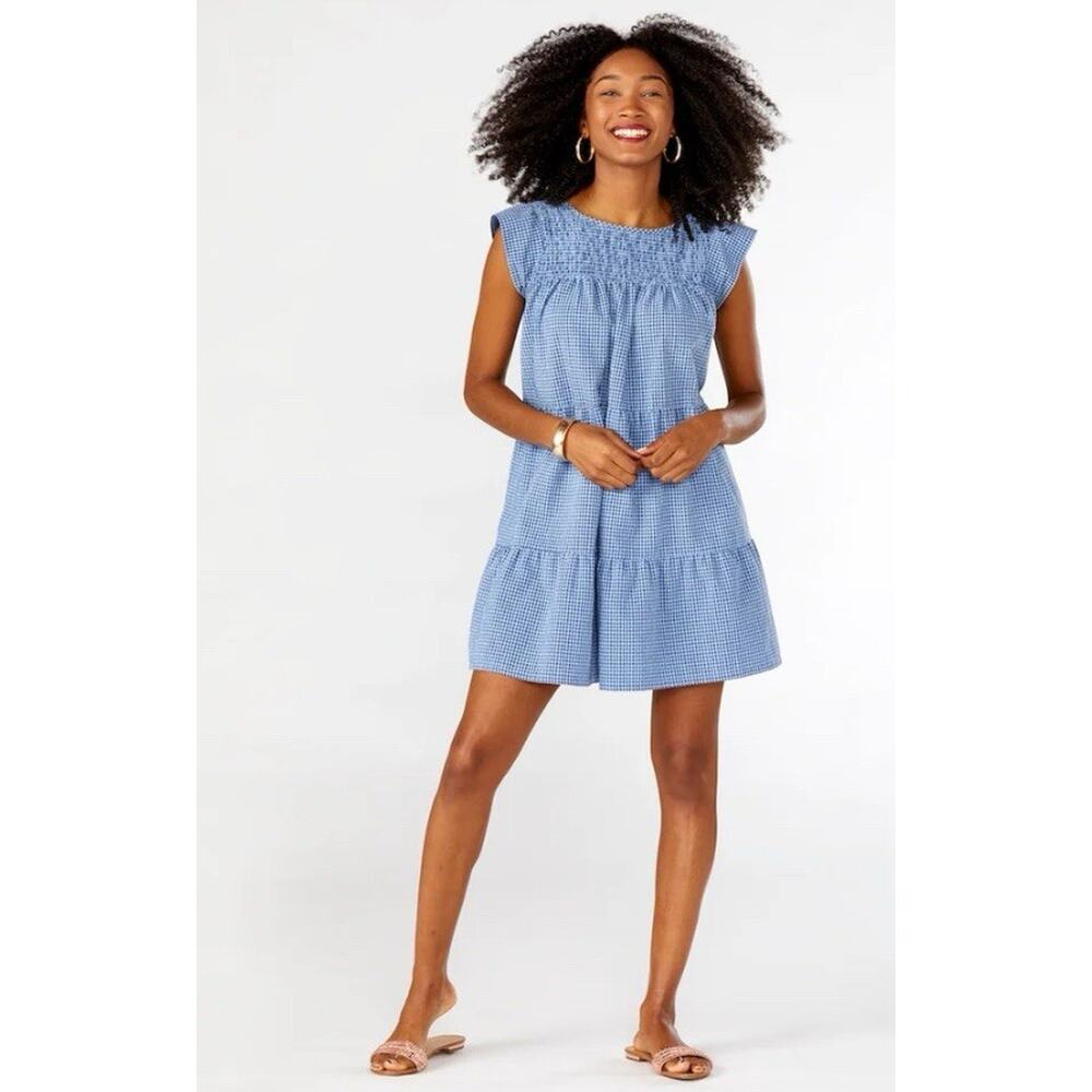 Maxwell and Geraldine The Rose Blue Gingham Tiered Smocked Dress, Size Small